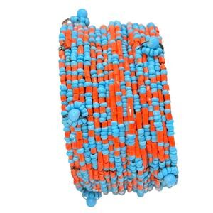 Blue & Red Seed Bead Adjustable Wire Cuff Bracelet One Size Fits Most
